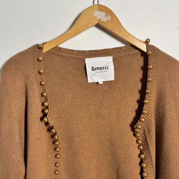 &Merci Cardigan Women M Brown Tan Caramel Pearl Embellished Preppy Quite Luxury - Picture 3 of 8